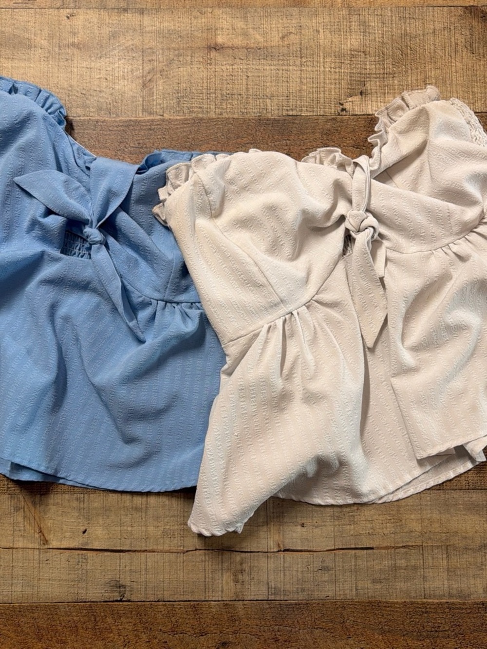 SHEIN Blue and Cream Tie-Front Ruffle Tube Tops